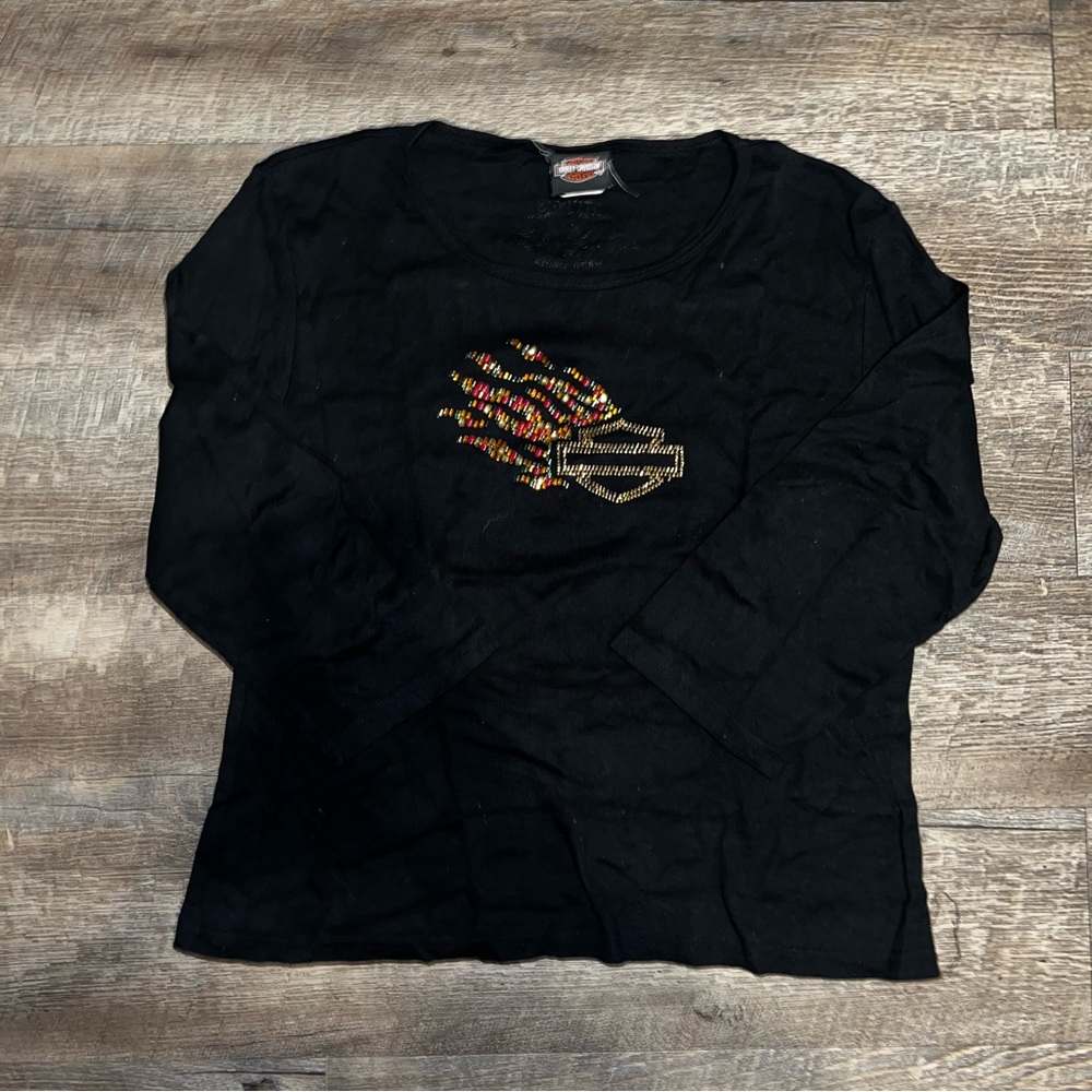 Y2K Harley Davidson Black Long Sleeve Shirt with Flame Design Rhinestones
